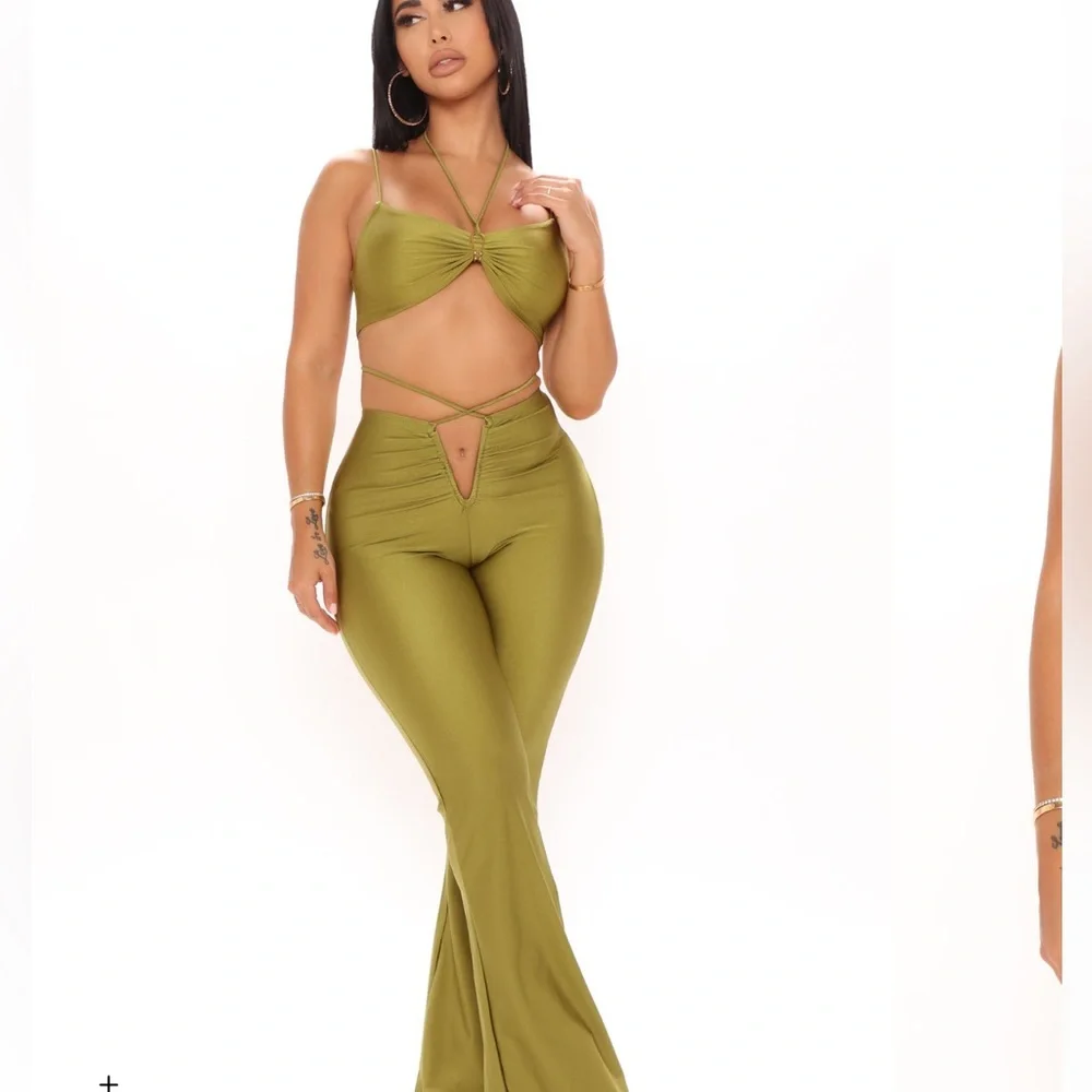 Fashion Nova Olive Green Flare Pant Set - Picture 3 of 3